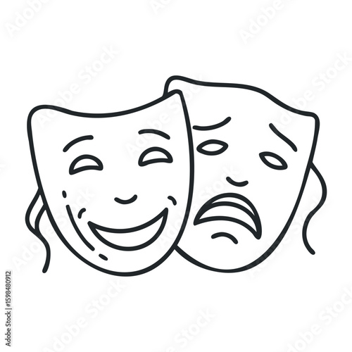 Comedy and tragedy theater masks in black and white line art illustration. Vector illustration