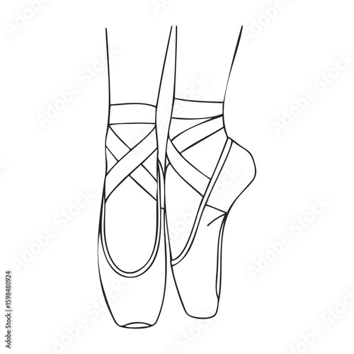 Elegant ballet pointe shoes outline drawing with crossed ribbons. Vector illustration