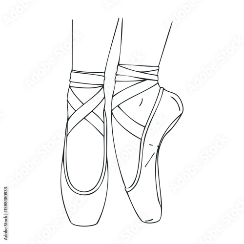 Elegant ballet pointe shoes line art with ribbon detail. Vector illustration