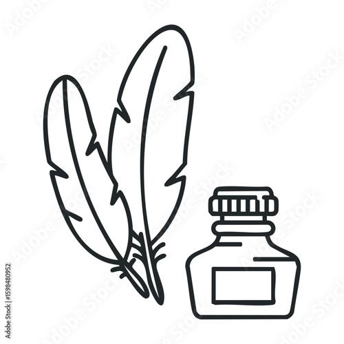 Vintage quill and ink bottle outline for calligraphy enthusiasts. Vector illustration