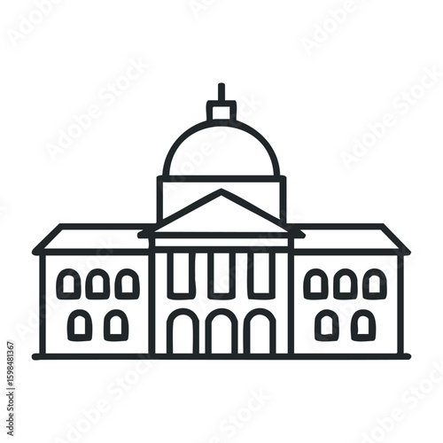 Line drawing of a historic building with a dome and arched windows. Vector illustration
