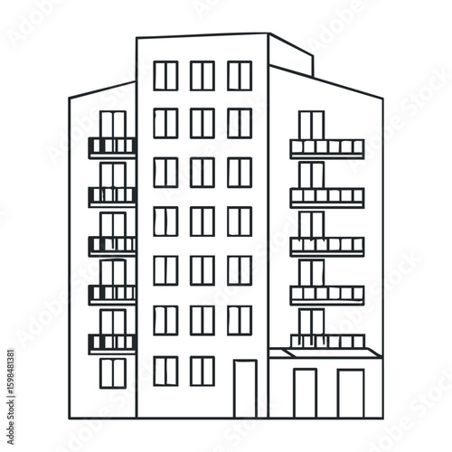 Modern urban apartment building outline with balconies and windows. Vector illustration