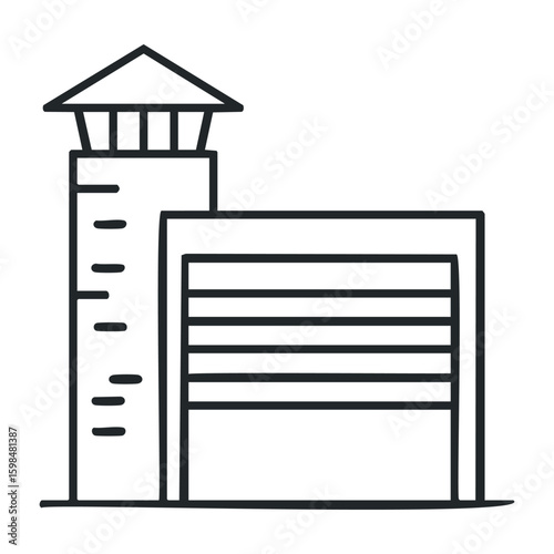 Simple black and white prison cell design with guard tower drawing. Vector illustration