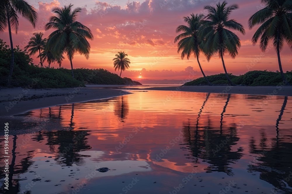 Obraz premium Serene Sunset Reflections on a Peaceful Shore with Palm Trees