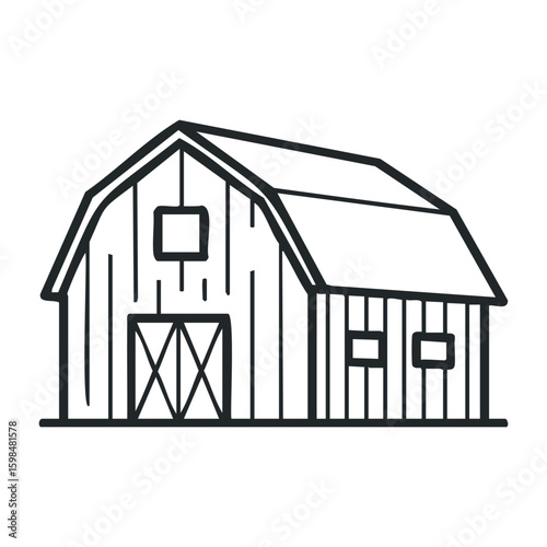Black and white line drawing of a traditional farm barn structure. Vector illustration