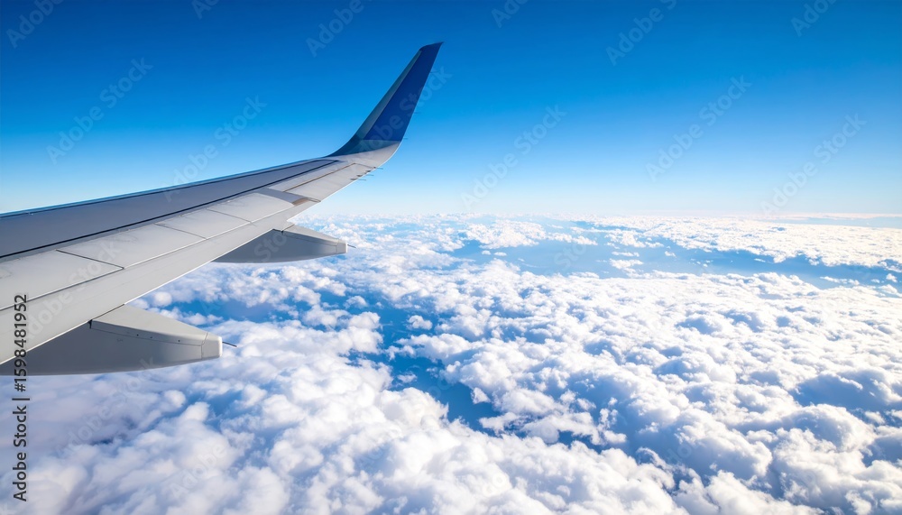 Fototapeta premium Airplane wing above clouds.View from airplane window a blue sky and clouds.