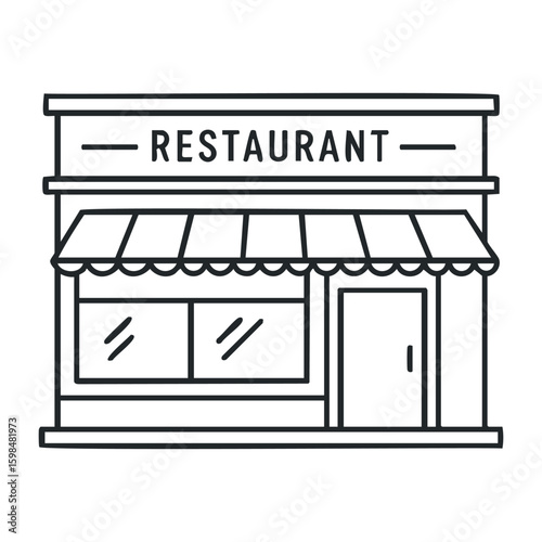 Simple black and white line drawing of restaurant exterior with awning and sign. Vector illustration