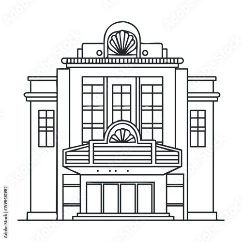 Art deco theater facade with geometric details and symmetrical design. Vector illustration