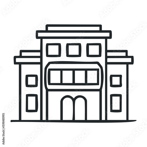 Black and white outline of public library building with symmetrical arched windows. Vector illustration