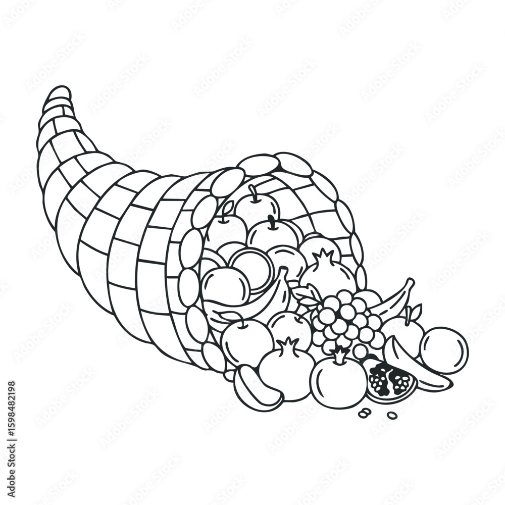 Fototapeta premium Cornucopia black and white outline filled with fruits and vegetables. Vector illustration