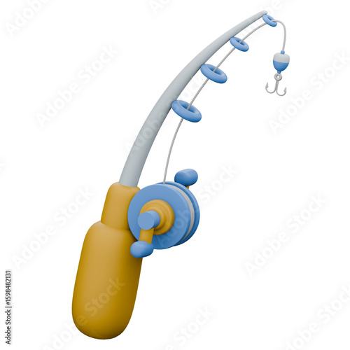 A stylized 3D render of a fishing rod with a reel, hook, and bobber. Angling equipment for a recreational hobby, isolated on a white background.