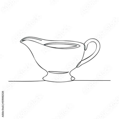 Continuous line drawing of a gravy boat with curved handle on white background. Vector illustration