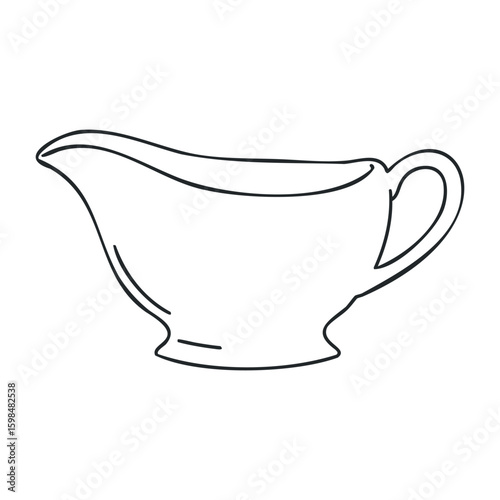 Simple outline of a gravy boat with handle in black and white. Vector illustration