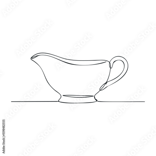 Minimalist line drawing of elegant gravy boat on simple white background. Vector illustration