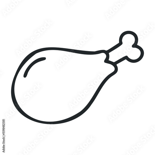 Simple black and white chicken drumstick line drawing icon for food and cooking themes. Vector illustration