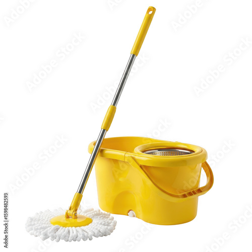 Yellow spin mop bucket isolated on transparent background