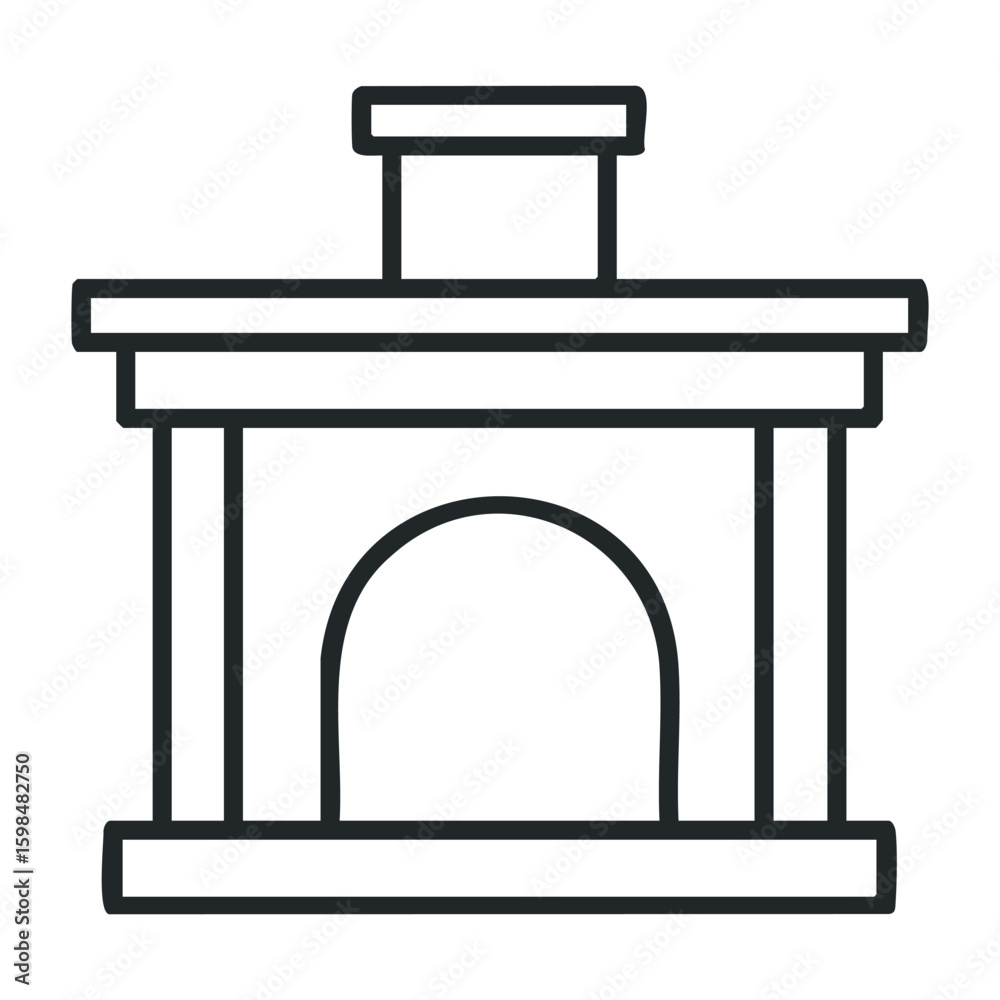 Fototapeta premium Black and white fireplace outline with chimney and arched opening. Vector illustration