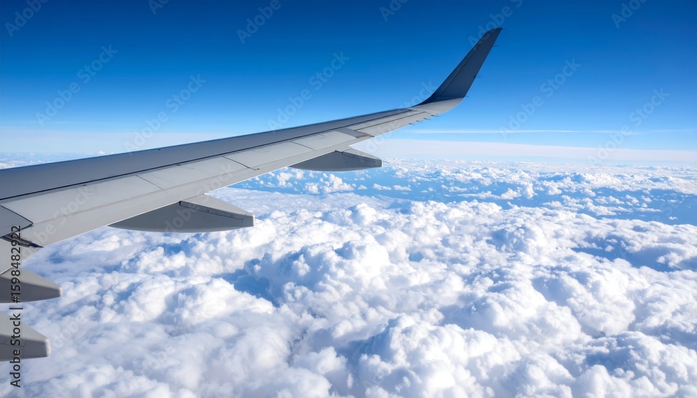 Airplane wing above clouds.View from airplane window a blue sky and clouds. Airplane wing above clouds.View from airplane window a blue sky and clouds.