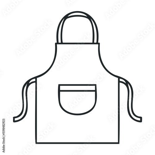 Simple black and white kitchen apron with front pocket and ties. Vector illustration