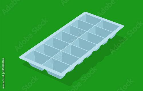 Ice cube tray isometric vector. Isolated illustration of a classic empty ice cube tray against a vibrant green background. Use for kitchen, beverage and household themes.