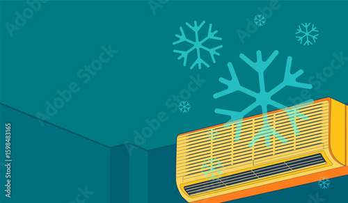 Air conditioner cooling vector with snowflakes. Vector illustration of a wall-mounted air conditioner blowing cold air. Symbolizing cooling and summer comfort.