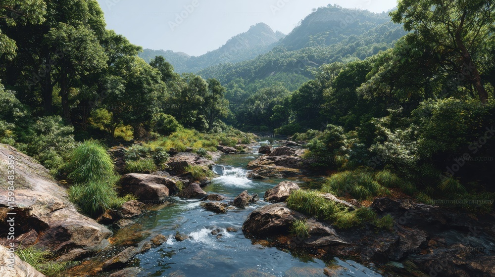Panorama of a tranquil mountain river flowing through lush green jungle in Goa, India, jungle, mountain, river, Goa, India Panorama of a tranquil mountain river flowing through lush green jungle in Goa, India, jungle, mountain, river, Goa, India