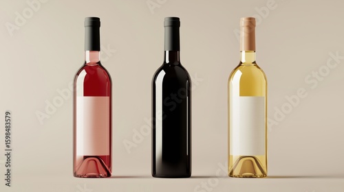 Wine bottle design, three bottles of wine, from left to right, one bottle of red wine, one bottle of rose wine and one bottle of white wine .mockup