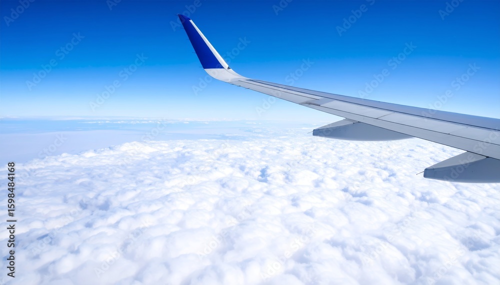 Airplane wing above clouds.View from airplane window a blue sky and clouds. Airplane wing above clouds.View from airplane window a blue sky and clouds.