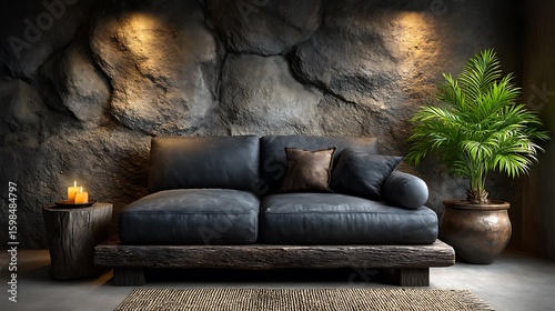 Sophisticated living area with a black couch and a completely empty stone-textured background wall in soft ambient interior lighting.