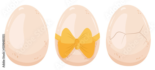 Light chicken egg in different variations. Boiled, broken shell, tied with ribbon with bow. Vector isolated symbol of birth, motherhood and new beginnings. Boiled egg, crack on the shell, surprise