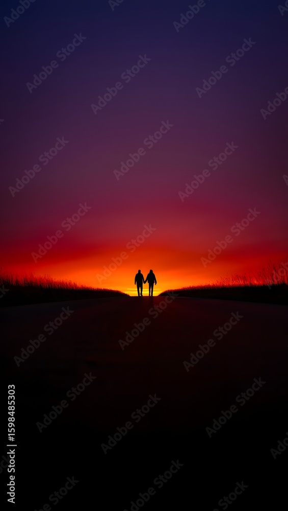 Silhouette couple walking sunset romantic sky love relationship together travel dusk Silhouette couple walking sunset romantic sky love relationship together travel dusk