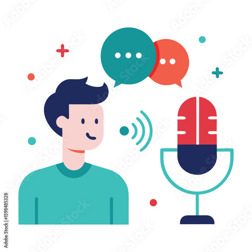 Man training ai voice assistant with speech patterns isolated on white background