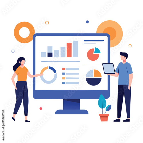 Marketing team analyzing campaign results on a business intelligence dashboard isolated on white background