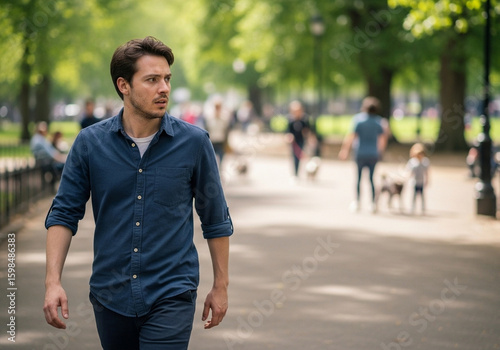 Concerned man in blue shirt looks off to the side in a park on a sunny day, with people walking dogs