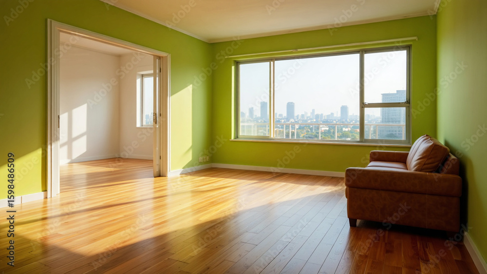 Fototapeta premium Bright empty room with green walls and city view through window