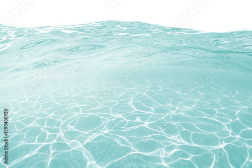 A tranquil underwater scene depicting clear turquoise liquid with sunlight casting beautiful caustic reflections on the seabed below a gently rippling surface.