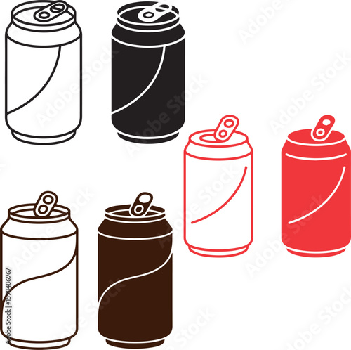 Set of Soda Can Icons in Various Colors – Vector Illustration for Beverage, Refreshment, and Food Concepts