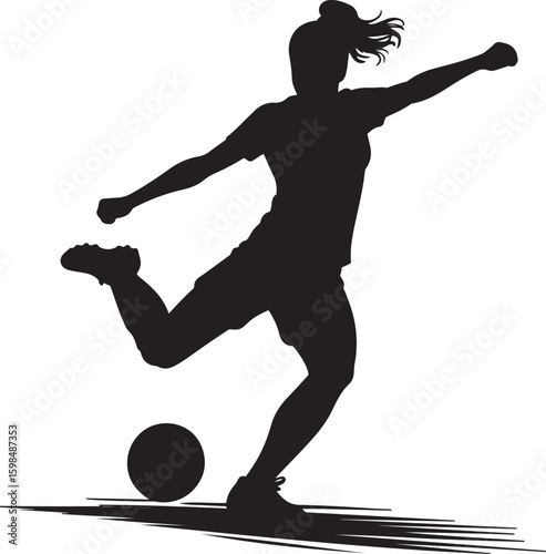 Female soccer player kicking ball, Sportive woman athlete silhouette vector
