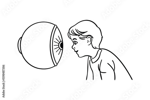 Boy peering at giant eyeball child looking