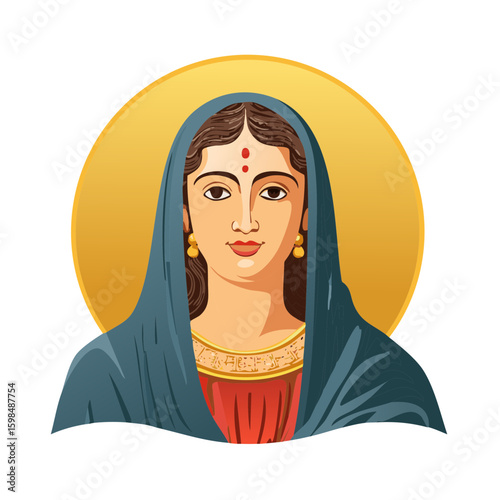 Illustration of a woman wearing traditional Indian clothing and jewelry with a golden halo