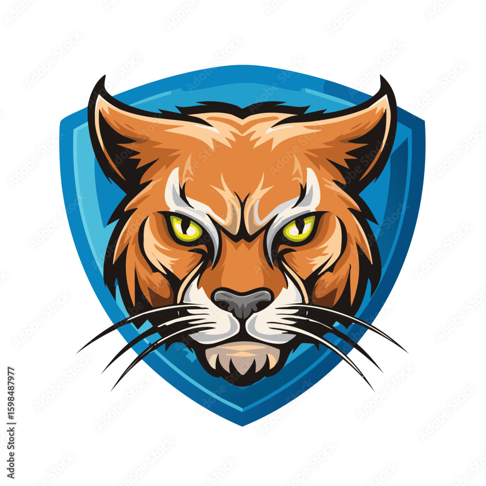 Obraz premium Feline Mascot Emblem Illustration Fierce Wildcat on Blue Shield