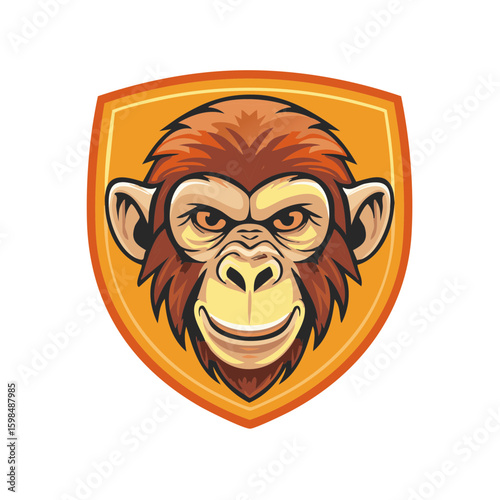 Illustration of smiling monkey face on orange crest shield emblem graphic badge