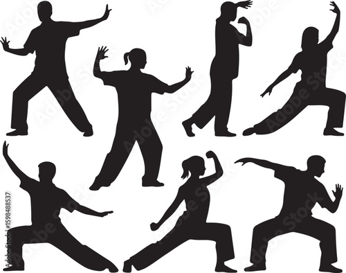 Set of tai chi silhouettes, Martial arts, qigong, and zen exercise poses