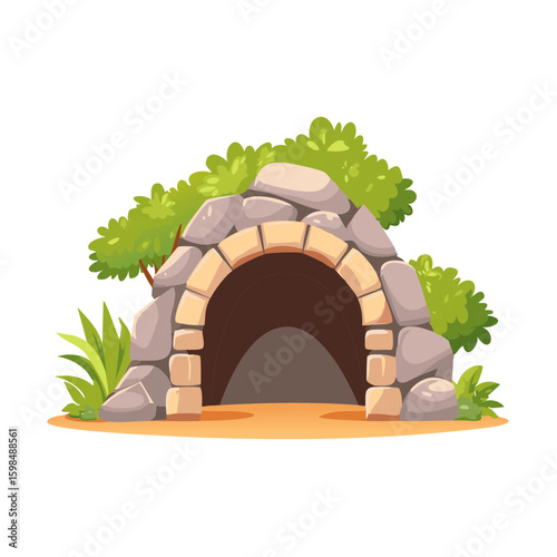 Cartoon rock cave entrance surrounded by foliage and grass, perfect for fairy tale illustrations, animation assets, game backgrounds