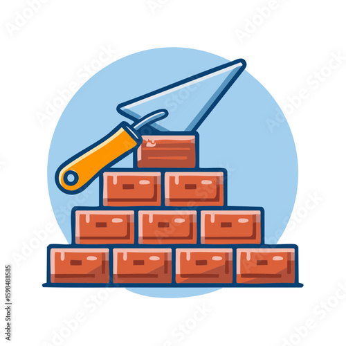Brick Wall Construction with Trowel Tool Illustration: Masonry and Building Process