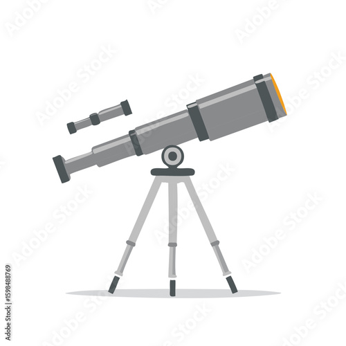 Vector illustration telescope on tripod. Astronomy exploration. Searching distant stars and universe. Science design.