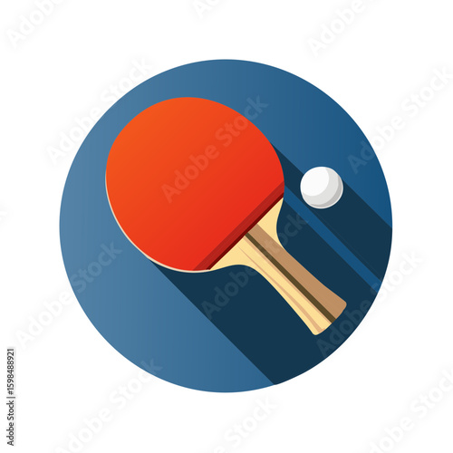 Vibrant ping pong paddle and ball create dynamic sports composition on circular blue field