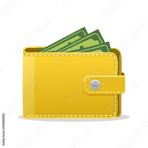 Yellow wallet illustration containing several green paper currency bills indicating wealth, income, and financial abundance