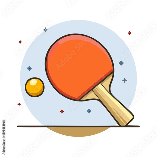 Table tennis racket and ball cartoon style, sporting equipment flat icon. Ping pong paddle illustration.