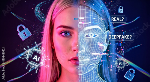 One Side of Young Woman’s Face is Real, Other is Digital Wireframe Mask, Collage with 